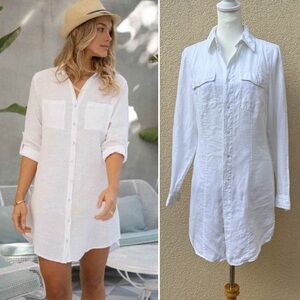 Island Company Safari Dress Linen White Shirt Dress Button Down Long Sleeve